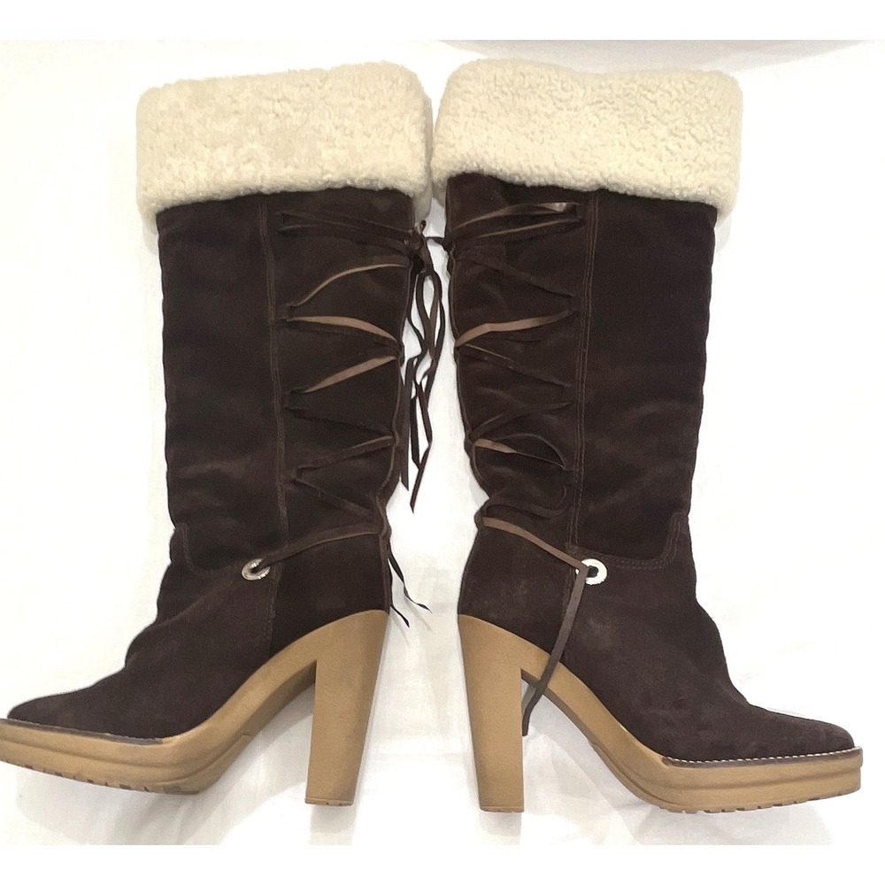 Ralph Lauren Leather Knee-High Winter Boots Natural Shearling Lamb Block Heel 9B